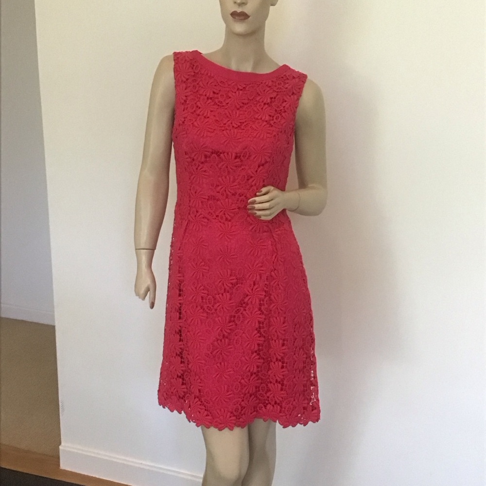 Tahari Hot Pink Cotton Floral Lace Sleeveless Sheath Cocktail Dress‎ 4